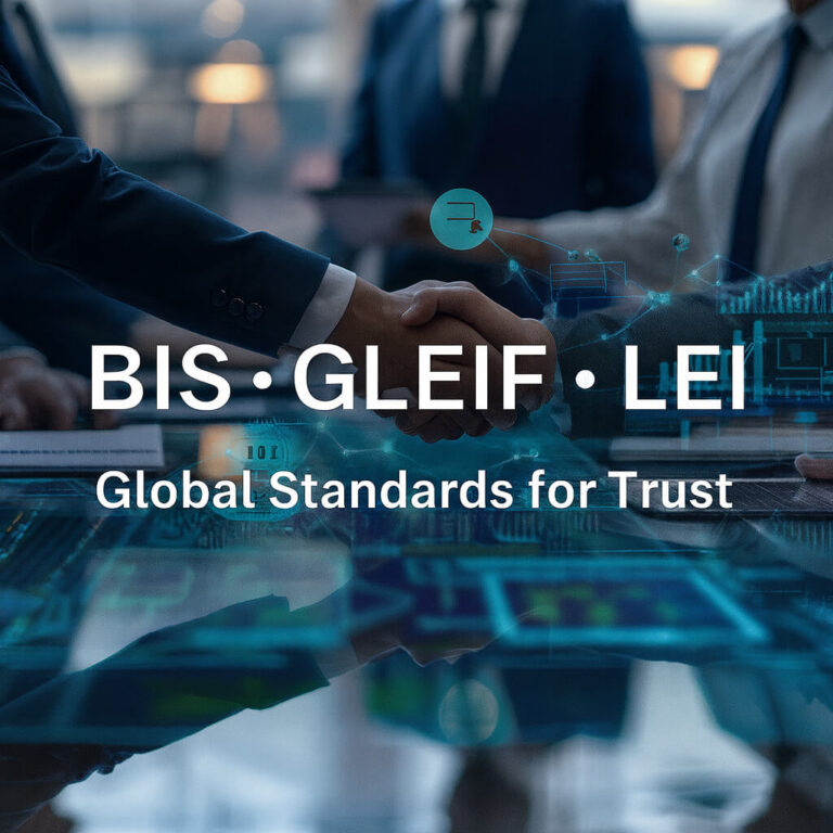 Kättely digitaalisen verkon päällä ja teksti BIS • GLEIF • LEI – Globaalit standardit luottamukselle