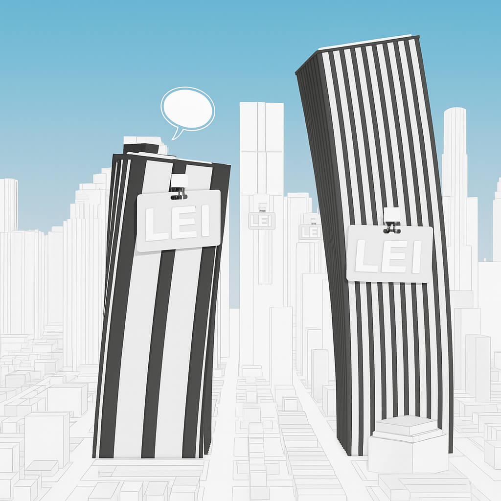 Kuvitus liiketoimintarakennuksista, joilla on LEI-tunnukset, symboloiden Legal Entity Identifierin käyttöä liiketoimintasektorilla